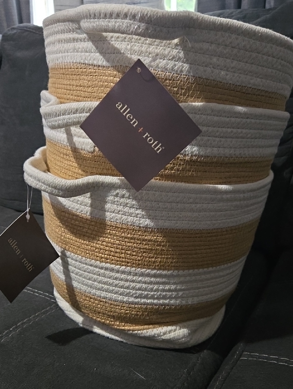 3pcs Large allen + roth Cream and Tan Striped Rope Storage Bin